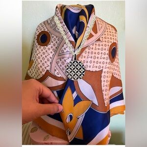 Classic Patterned Scarf in Blue and Gold and matching Premier Designs Necklace